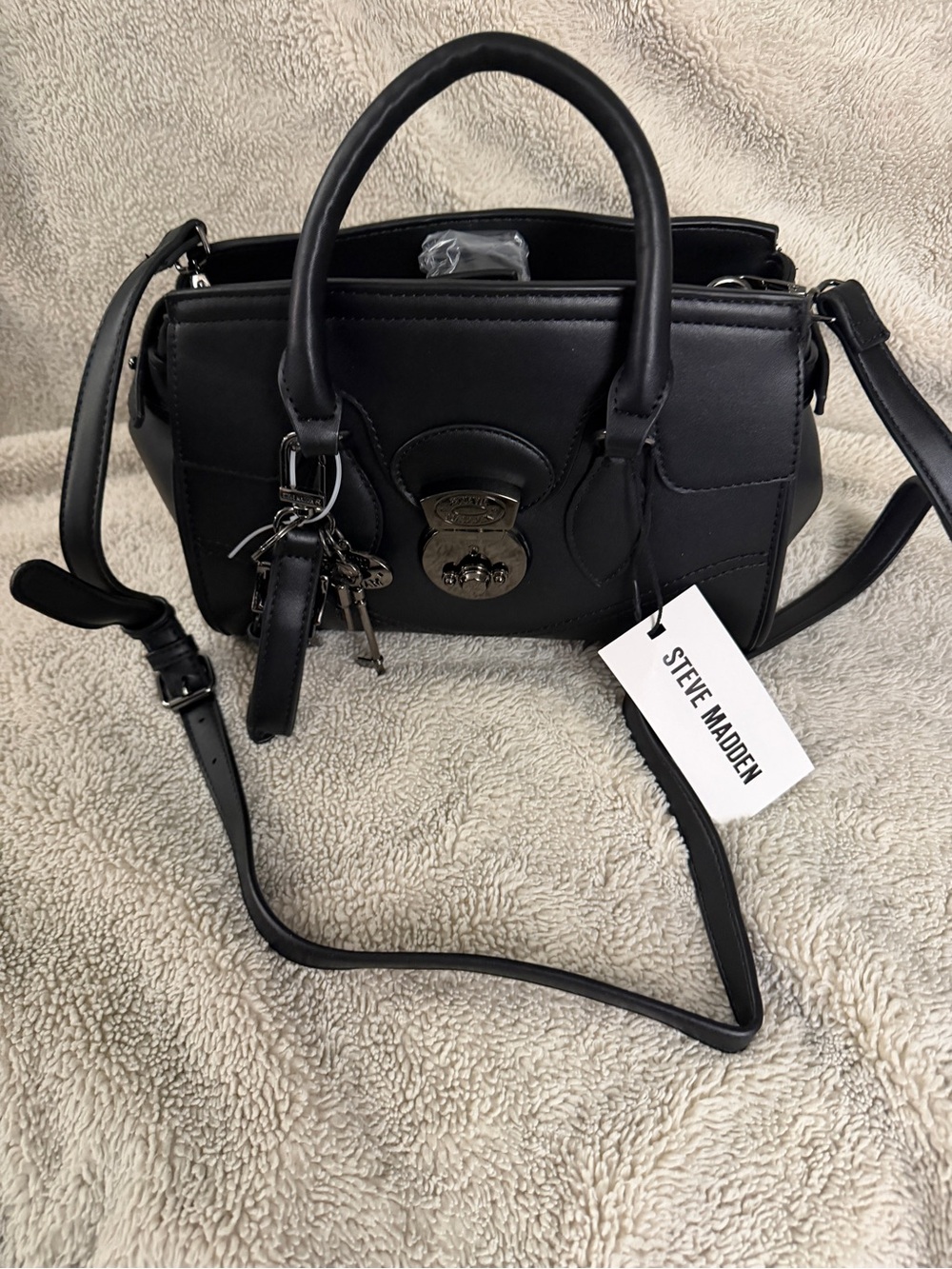 Steve Madden Black Leather Satchel with Key Charm and Crossbody Strap